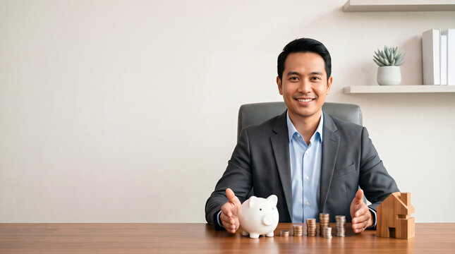 Asian businessman planning mortgage loan, savings, and financial investment in office