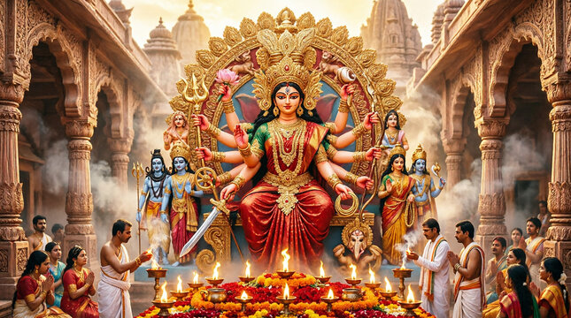 Durga puja festival celebration with many-armed goddess statue and devotees praying at a temple.