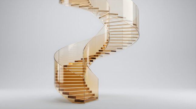 Thin glass panels stacking spiral staircase gold champagne 3D render
