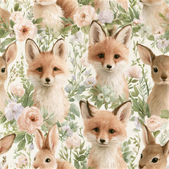 Fototapeta premium Fox rabbit deer flower woodland animal nature cute soft pastel forest wildlife gentle fur ears green leaves floral peaceful