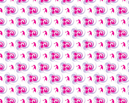 Abstract whimsical pink and purple seamless pattern on white background