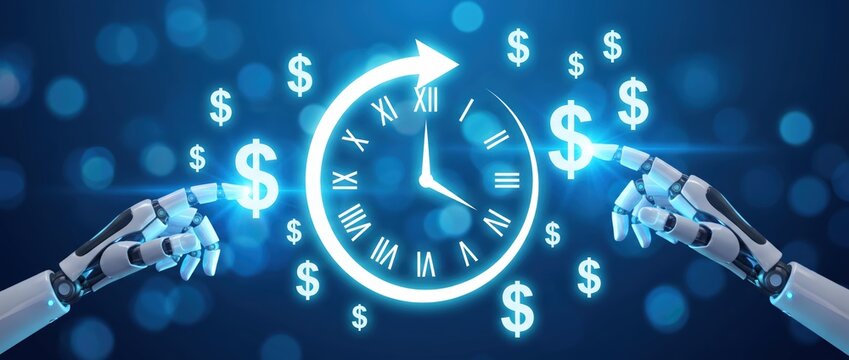 Futuristic robotic hands skillfully interacting with symbols of time and money showcasing the intersection of technology finance and innovation in today's digital landscape.