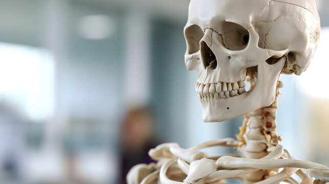 Close up of a human skeleton model showing skull and upper torso with detailed bone structure against a blurred clinical background