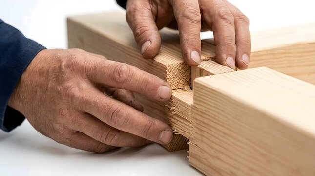 Carpenter Hands Assembling Wooden Beams with Mortise and Tenon Joint
