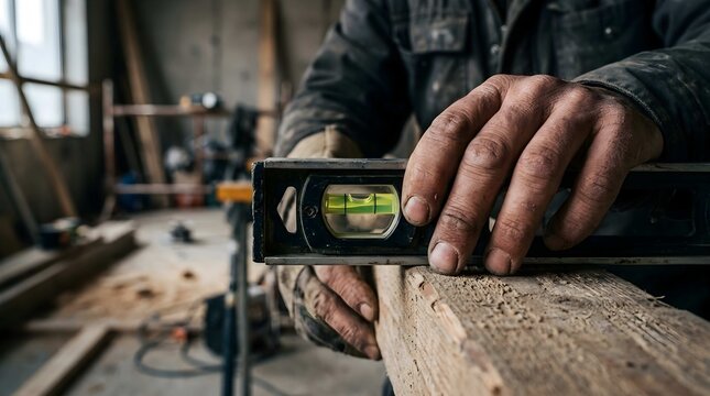 Carpenter holding spirit level tool on wooden plank at workshop