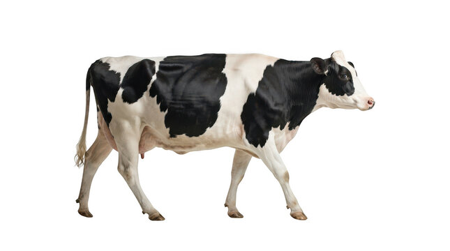 Side view of a holstein cow walking, isolated on transparent background