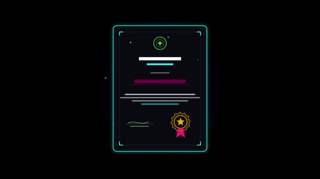 Abstract digital certificate template with neon glowing frame and badge icon on a dark background