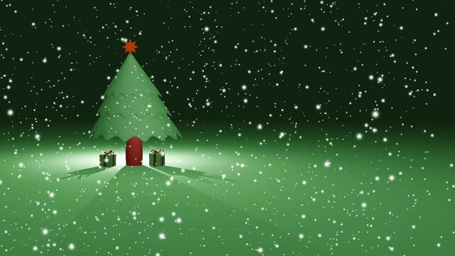 Christmas tree with gifts and snow fall 3d 4k animation