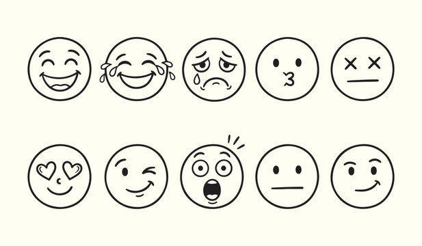 Set of hand drawn emoticon facial expressions and smiley faces icons with emoji icons sketch emoticons face expressions smiling faces doodle emojis emotion icons collection emotions laughing