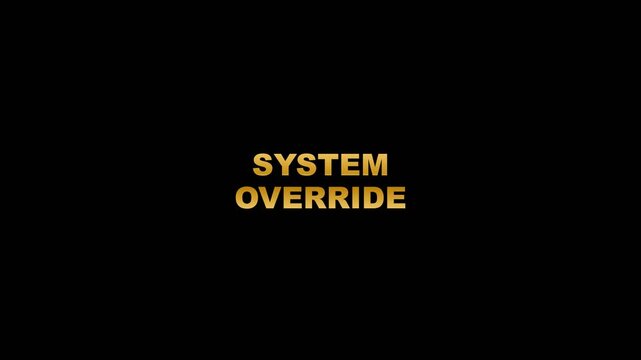 System override golden typography glitch animation effect showing digital warning text message against deep black background cinematic stock video footage