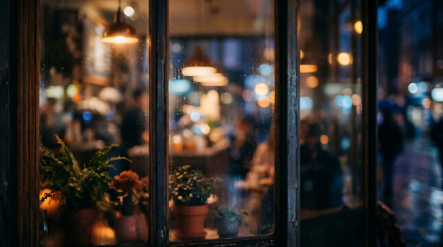 View through a window of a cozy cafe interior at night with warm glowing lights and potted plants in the foreground and blurred city street