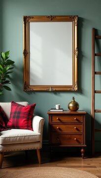 Retro living room interior, gold framed mock up, plaid throw, vintage commode, wooden ladder, grunge texture , texture, home decor, elegant