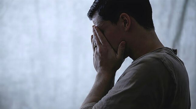 Man covering face in hands silhouette in silent contemplation scene. Deep human emotion expression photo for psychology editorial, mental health concept, and sadness story visual art.