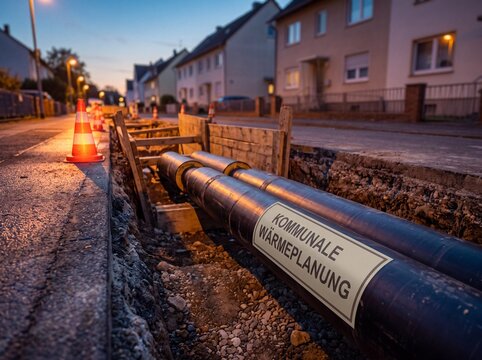 Fernw&auml;rmeleitung liegt in Baugrube vor Wohnstra&szlig;e bei D&auml;mmerung