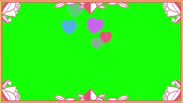 Animated floral frame with floating colorful hearts on green screen with clusters multicolored hearts displays decorative floral
