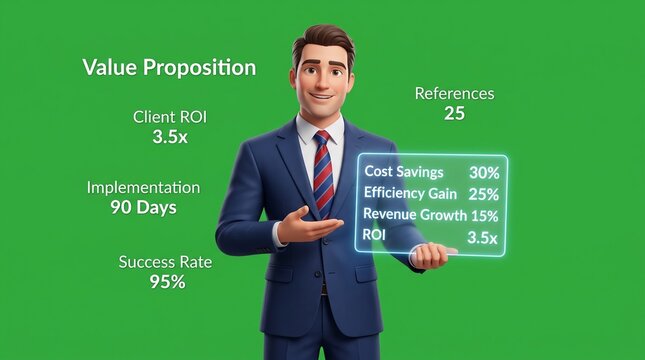 3D business consultant presenting value proposition and financial growth data on green screen