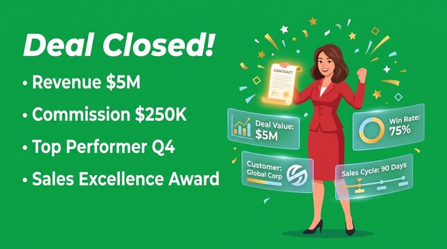 Successful saleswoman celebrates closing $5M deal with commission and top performer award
