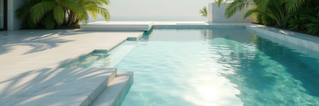Serene palm shadows dance on marble, reflecting in tranquil water , green, Zen