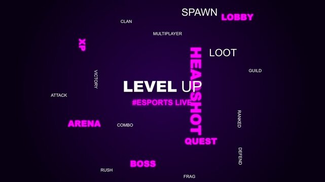 Esports gaming motion background featuring dynamic neon typography with animated player terms for digital video content and streaming media projects