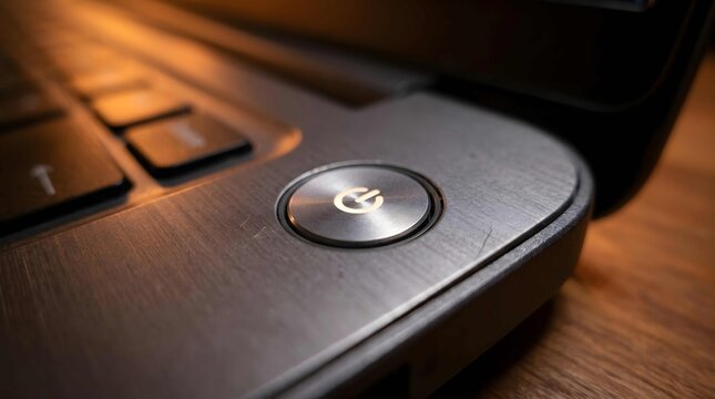 Close up of a metallic power button on a modern laptop computer
