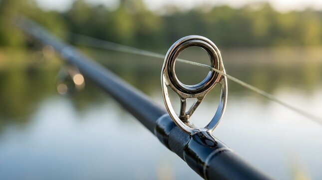 Close up of a rod guide with line on a blurred outdoor lake background