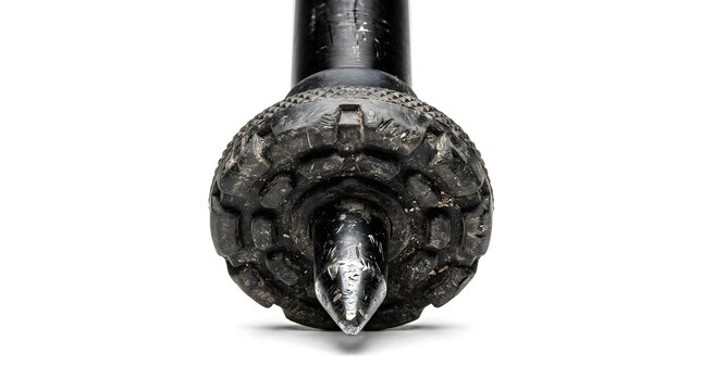 Close up of a rugged trekking pole tip with a rubber mud basket