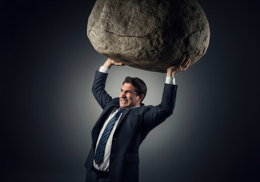 Businessman Lifting a Giant Rock Representing Pressure and Effort