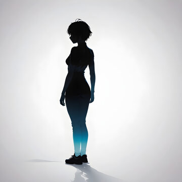 Woman silhouette with blue gradient highlights stands against a bright studio background.