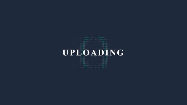 Uploading word displayed over dynamic digital binary code background in a dark blue motion animation for modern technology video footage
