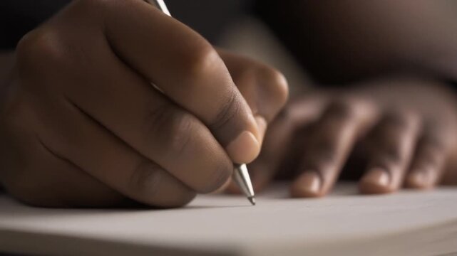 Close-up of hands writing with pencil on paper in soft light for educational or creative concepts