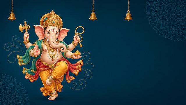 Ganesh chaturthi dancing lord ganesha with golden bells blue background mandala copy space traditional lord ganesha puja festive spiritual indian illustration artwork