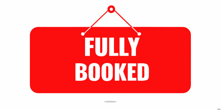 Red rectangular sign with rounded corners displays the text fully booked