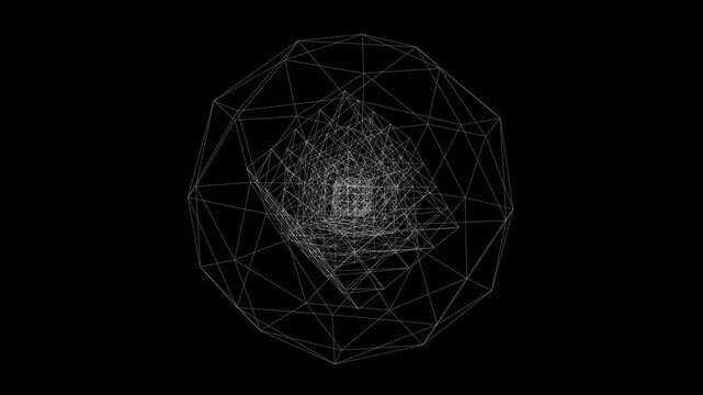Rotating wireframe geometric sphere with nested cube structures creating complex motion animation for modern scientific digital video content display background