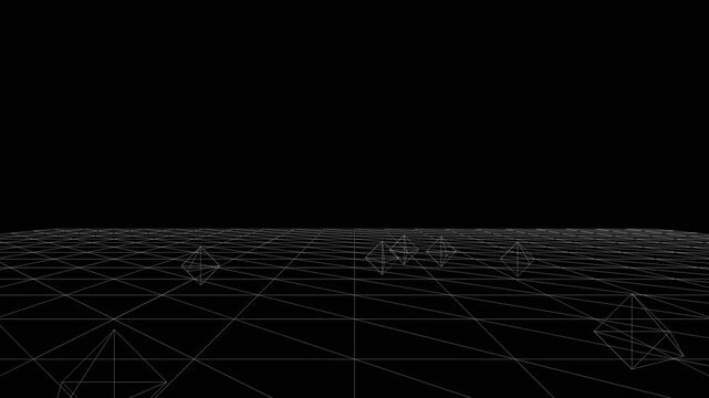 Digital wireframe grid environment featuring floating geometric polyhedrons in a dark virtual space for immersive motion graphics video animation project