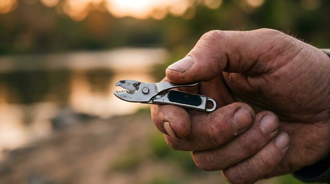 Close up of a weathered hand holding a small metallic multi tool by a river at sunset