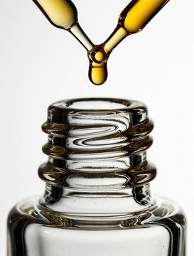 Macro shot of golden liquid oil droplet falling from glass dropper into empty bottle. Precise cosmetic serum drips from pipette. Essential oil application for skincare beauty treatment aromatherapy.