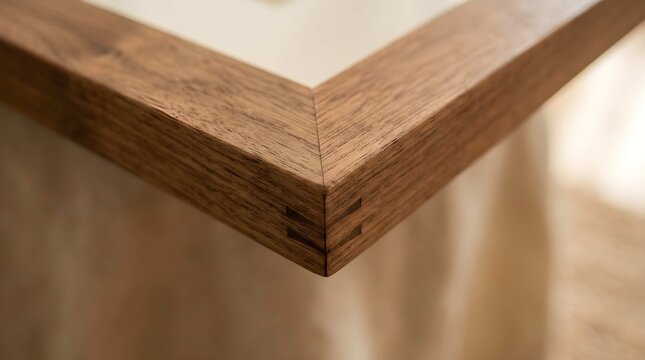 Close up of a wooden picture frame corner with visible dovetail joints
