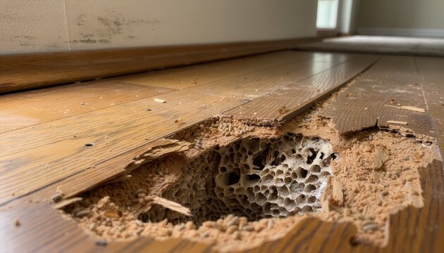 One section of flooring visibly collapsed with hollow wood underneath, termite holes and powdery debris surrounding the damaged area.