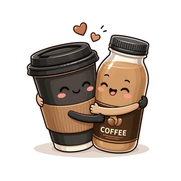 Cute coffee cup and mini bottled coffee characters embracing each other, symbolizing friendship and togetherness despite different packaging, in a cozy kawaii vector sticker style.