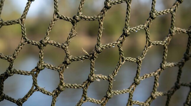 Close up of green braided rope netting with blurred outdoor background