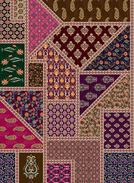 Seamless ethnic patchwork pattern featuring geometric tiles of paisley, ikat, and traditional floral motifs in rich magenta, maroon, navy, and gold tones.