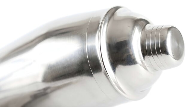 Close up of shiny metal cocktail shaker on white background