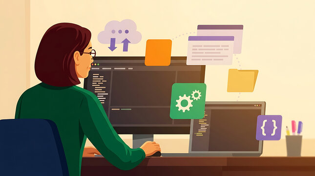 Programmer writing software code on computer illustration