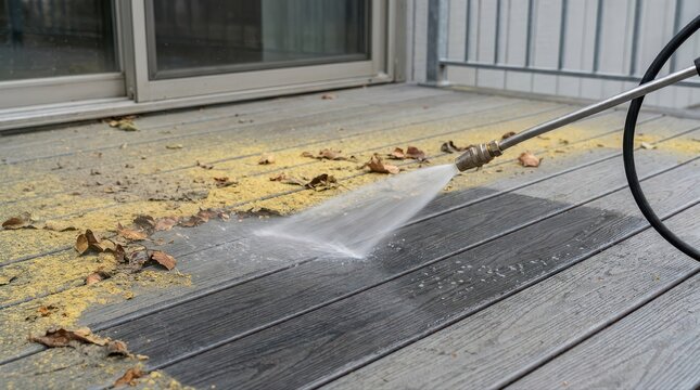 Pressure washing a dirty wooden deck with a high pressure water sprayer to remove pollen and debris