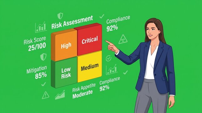 Businesswoman presenting a risk assessment matrix chart on a green screen background.