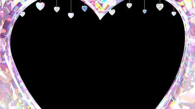 Sparkling heart frame with falling hearts with colorful hearts gently falling against black background frame iridescent diamond