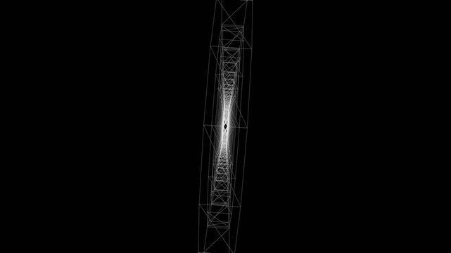 Geometric wireframe box structure rotating in empty darkness creating a complex digital motion background element for modern high tech video