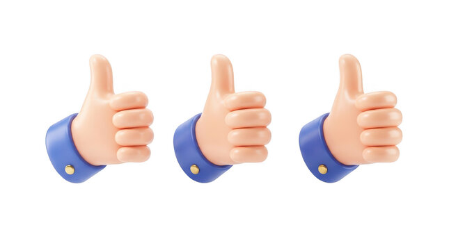 3d render of three cartoon thumbs up icons isolated on transparent background