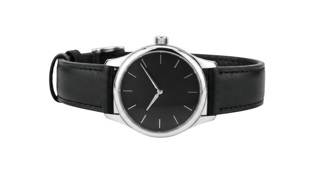 Classic luxury wristwatch with a black dial and leather strap isolated on transparent background