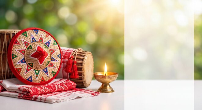 Bihu festival background with traditional japi dhol and copy space